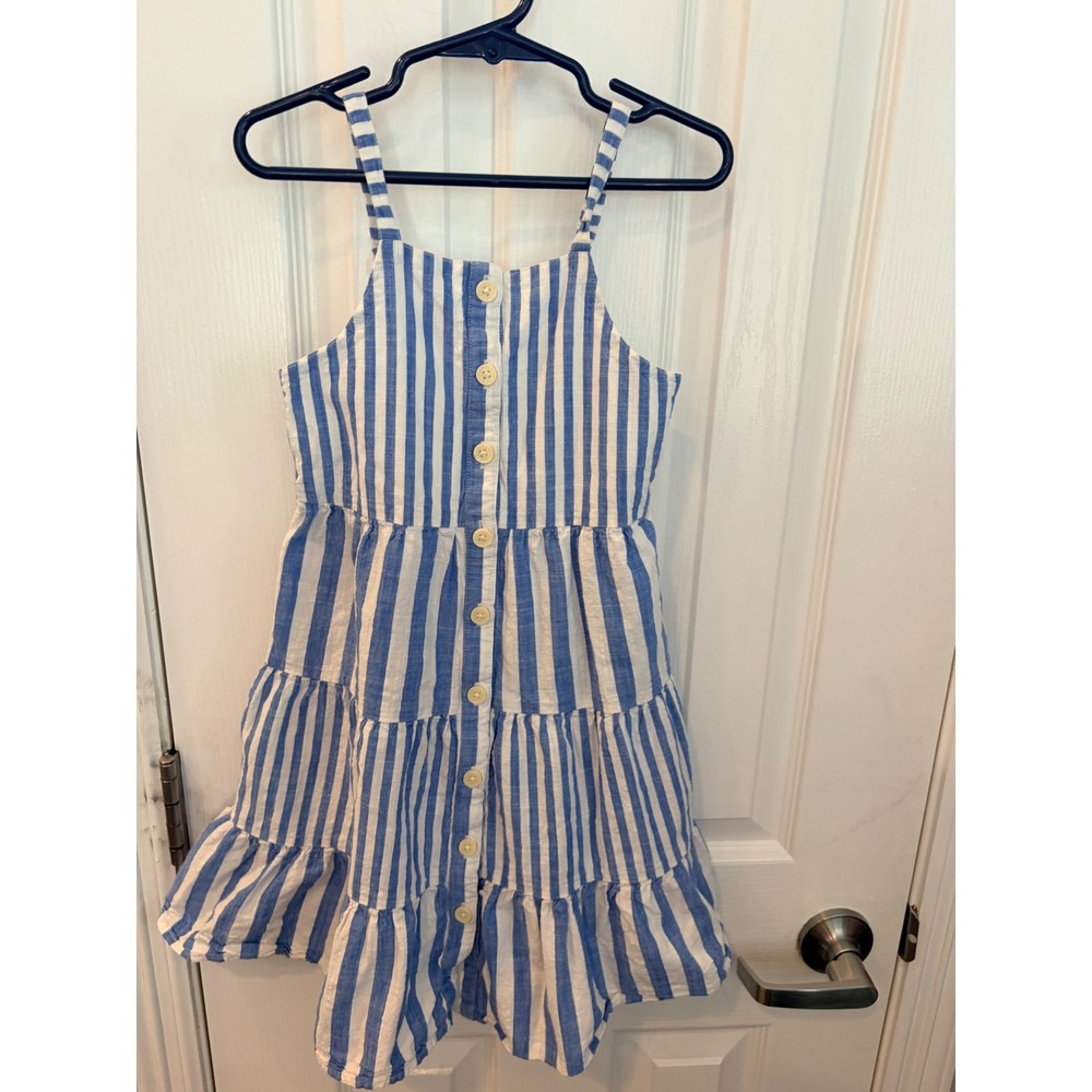 Crewcuts Dress Blue White Striped Tiered Button Front Cotton Sundress Kids 6